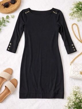 Lilly Pulitzer Black Boatneck Mini Dress with Gold Eyelet Detail